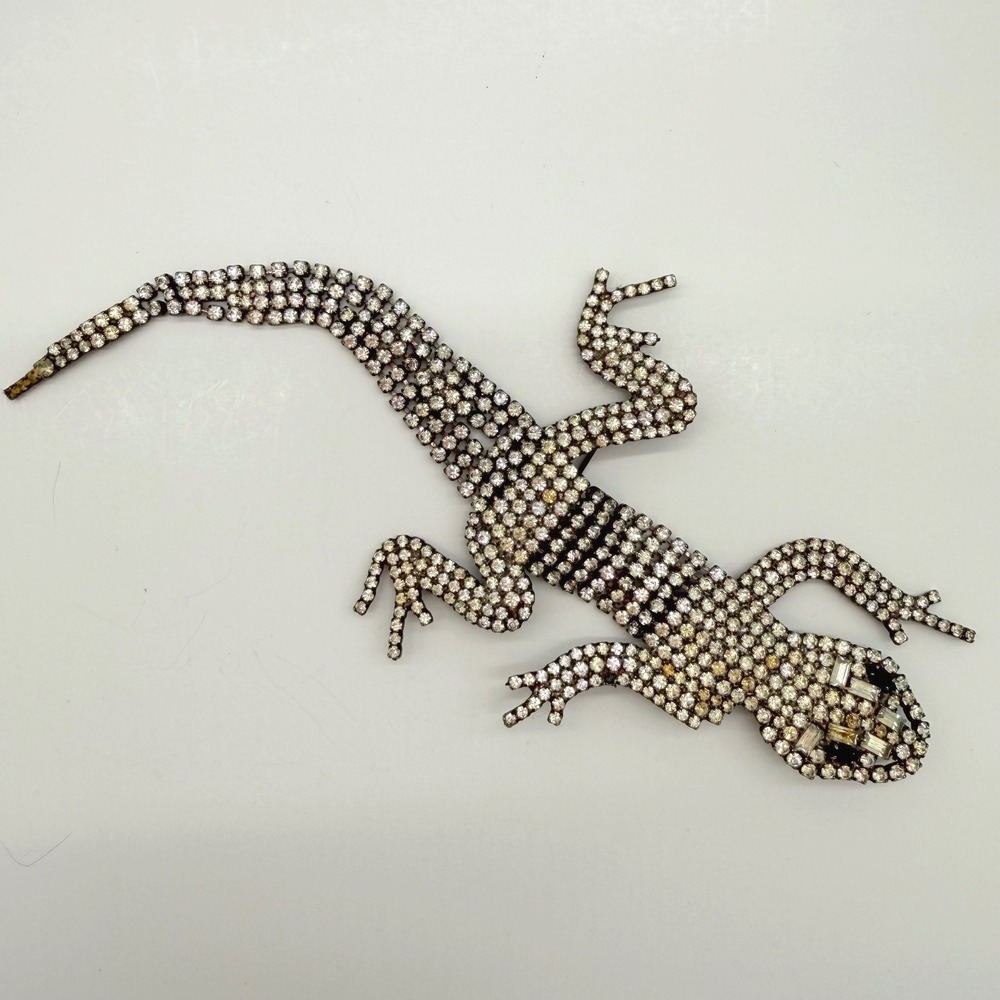 Vintage 7.75" Articulated Gecko Lizard Salamander Rhinestone Brooch Pin